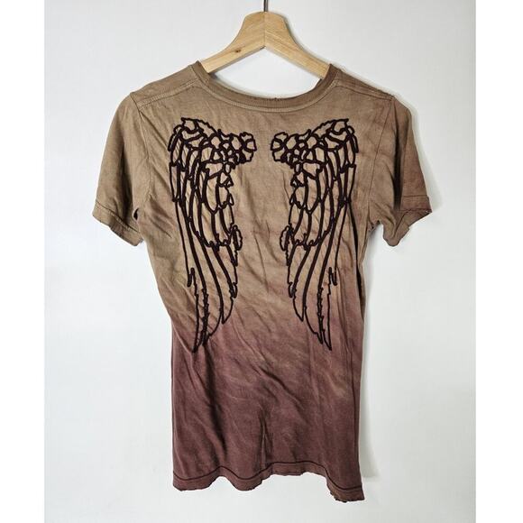 Affliction Sinful Women's L Brown Grunge Skater Distressed Y2K Wings Shirt - Picture 2 of 5